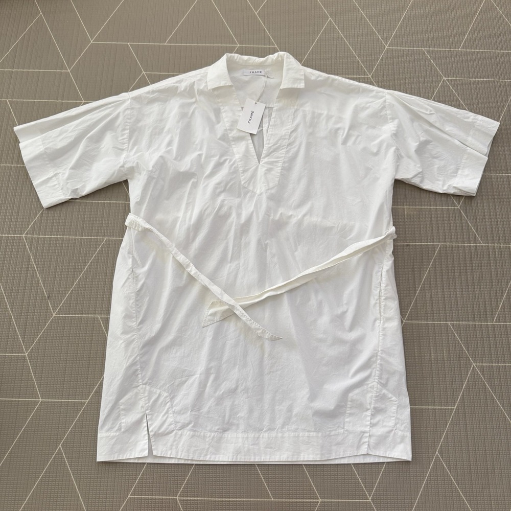 Frame Channing Dress in Cotton Large White Poplin Belted Pockets